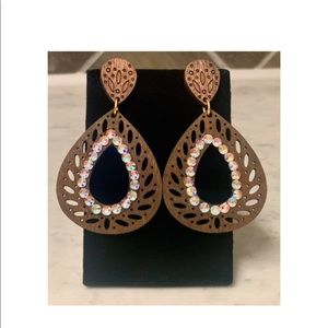 Brown Cut-Out Wood/Crystal Teardrop Earrings